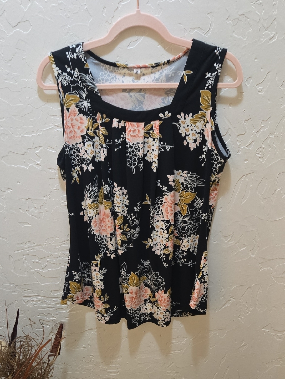 Floral Scoop Neck Tank Top - Black with Pink & Olive Floral Print
